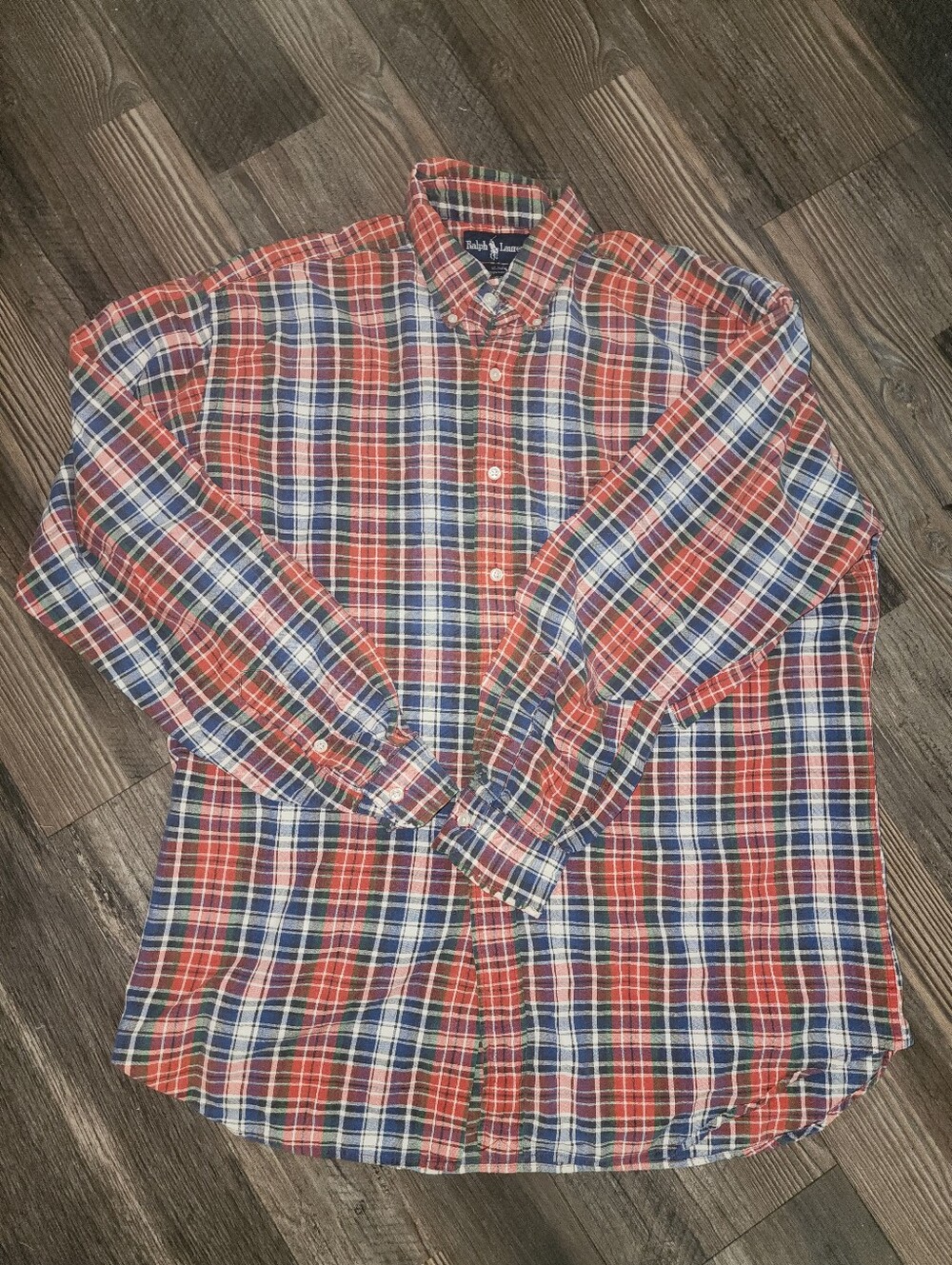Men's Polo Ralph Lauren LS Button Down Shirt Large Plaid Red Blue Green Preppy